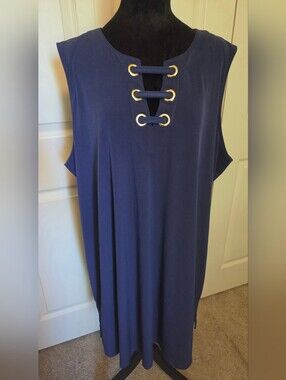 Michael Kors Navy Blue Sleeveless Shift Dress Gold Grommet Lace Up SIZE 3X